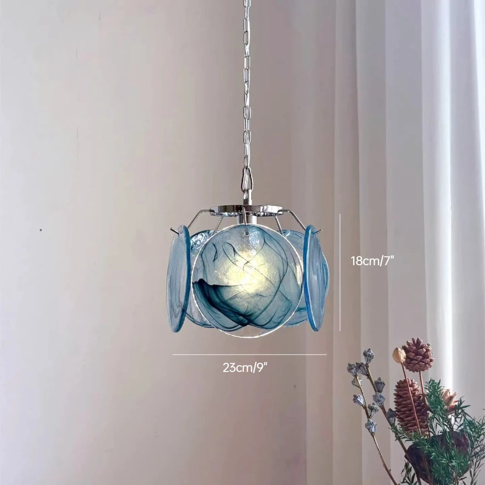 lampe suspendue moderne verre coloré transparent chaîne métallique salon chambre restaurant
