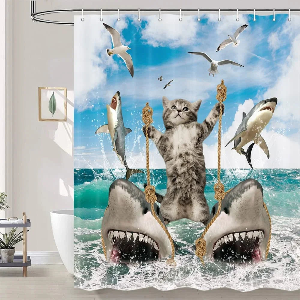 rideau douche polyester motif marin animaux mer vagues bleu décoration salle bain enfant