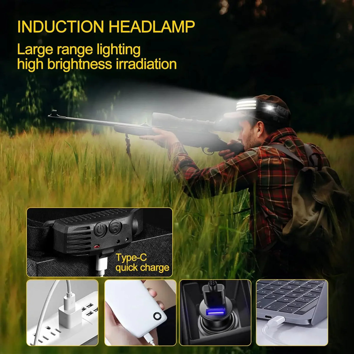 lampe frontale rechargeable led noir blanc rouge jaune rayures horizontales induction lumineuse modes ipx4