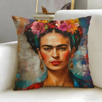 coussin contemporain zip invisible polyvalent orange bleu rouge peinture abstraite visage stylisé 45x45cm polyester