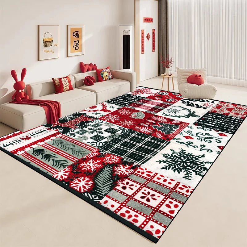 Un tapis de sol multicolore décoré de motifs de noël, d'étoiles et de motifs géométriques, créant une ambiance festive et chaleureuse dans cette pièce d'intérieur.