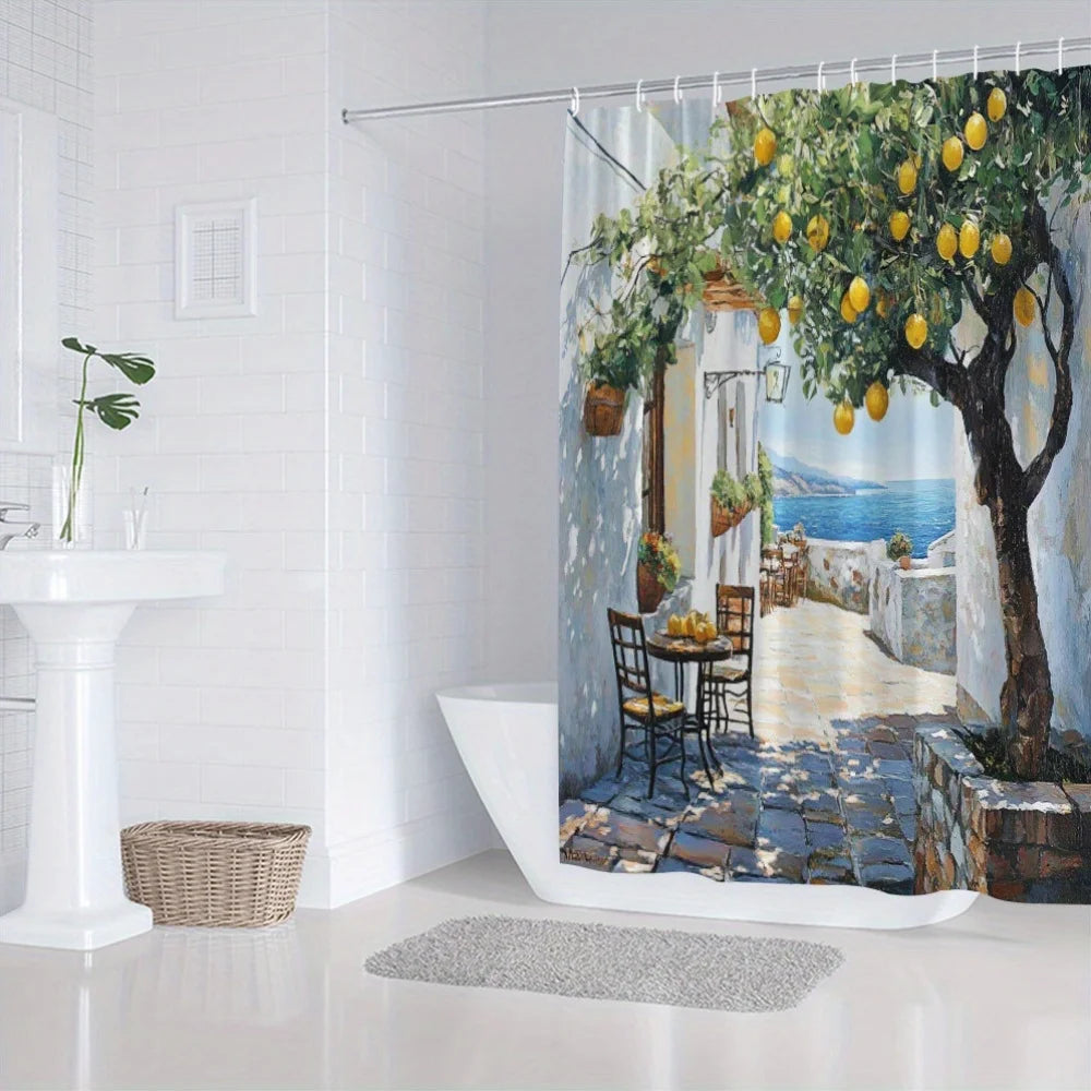rideau douche polyester scène méditerranéenne citronnier mer décor élégant vert jaune blanc bleu marron