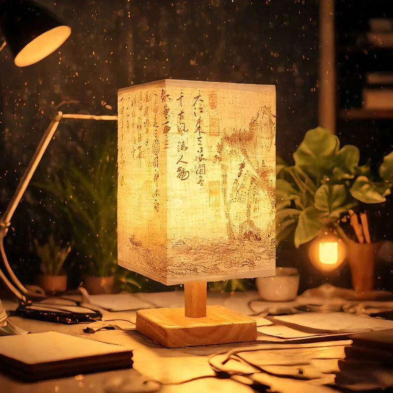 lampe table chinois calligraphie bois lumière douce décoration intérieure asiatiqueversible interrupteur bouton
