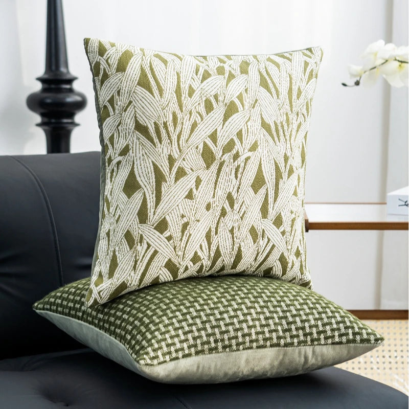 coussin deco vert olive motif floral moderne polyester jacquard adhesif 45x45cm 30x50cm
