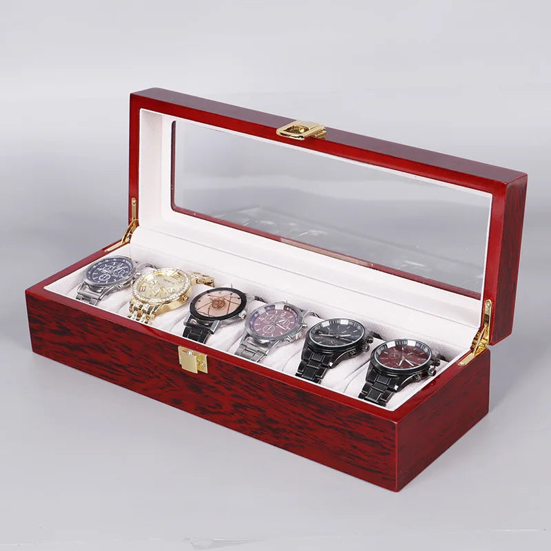 boîtes montres bois rouge foncé noir élégantes velours beige verre transparent cadenas dorés 10