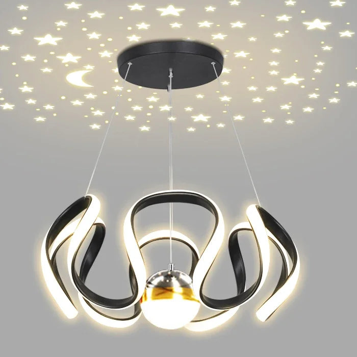 suspension lumineuse moderne noir doré boules lumière câbles suspendus forme circulaire ondulée