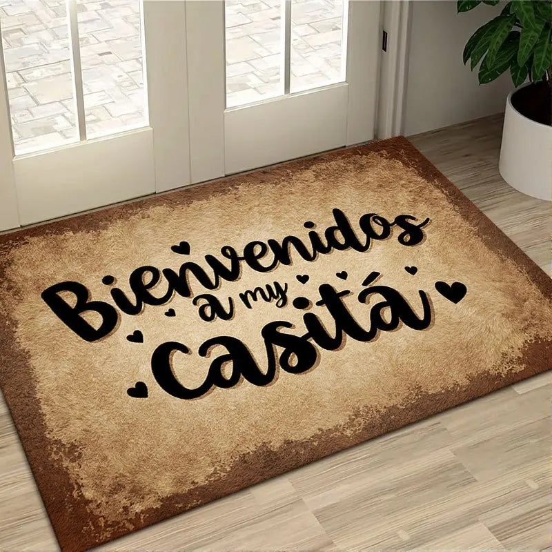 tapis d'entrée moderne bienvenidos marron clair lettres noires motif floral extérieur durable polyester