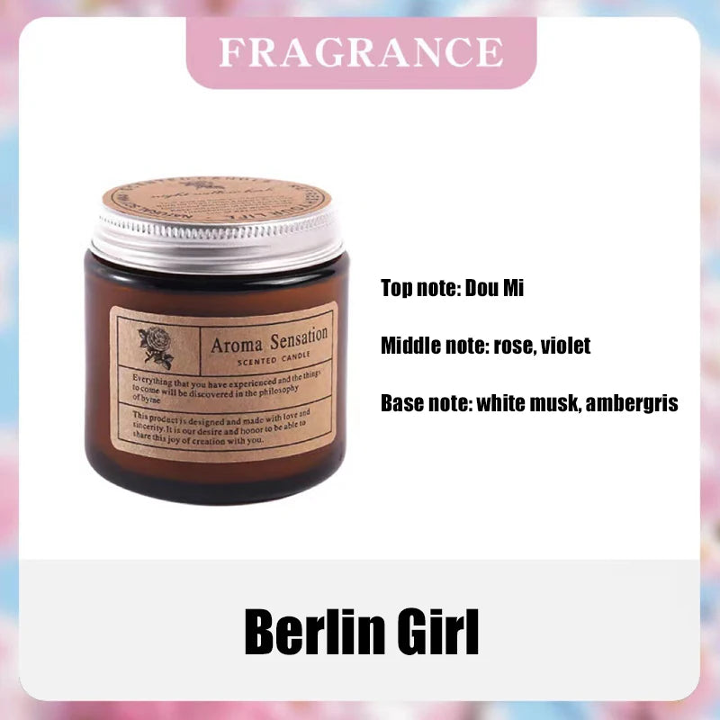 bougie parfumée soja sans fumée aromathérapie forme coupe marron clair étiquette blanche minimaliste hand