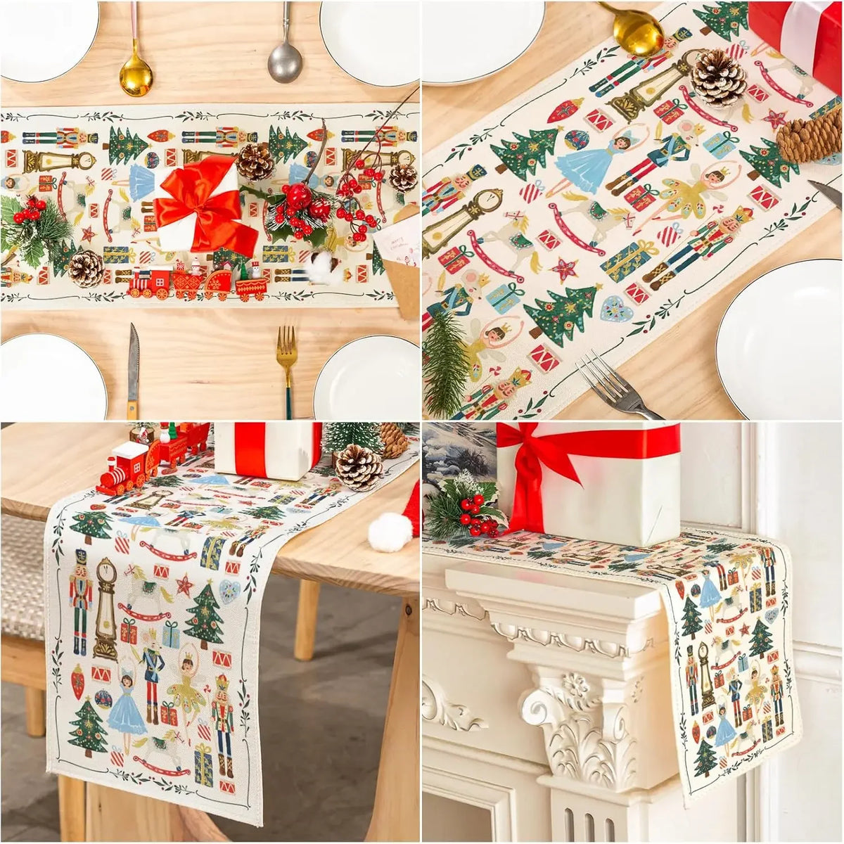 Cette image montre une belle décoration de table de Noël avec une nappe imprimée de motifs de sapin, de cadeaux et de personnages festifs, ainsi que d'autres éléments décoratifs comme des pommes de pin et des rubans rouges, le tout sur une surface en bois clair.