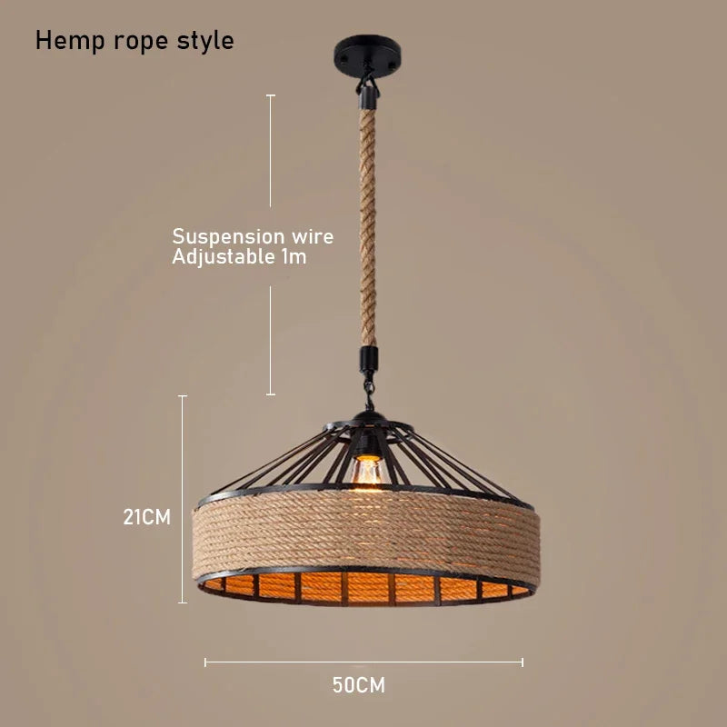 lampe suspendue industrielle corde naturelle marron clair métal structure ajustable salon chambre