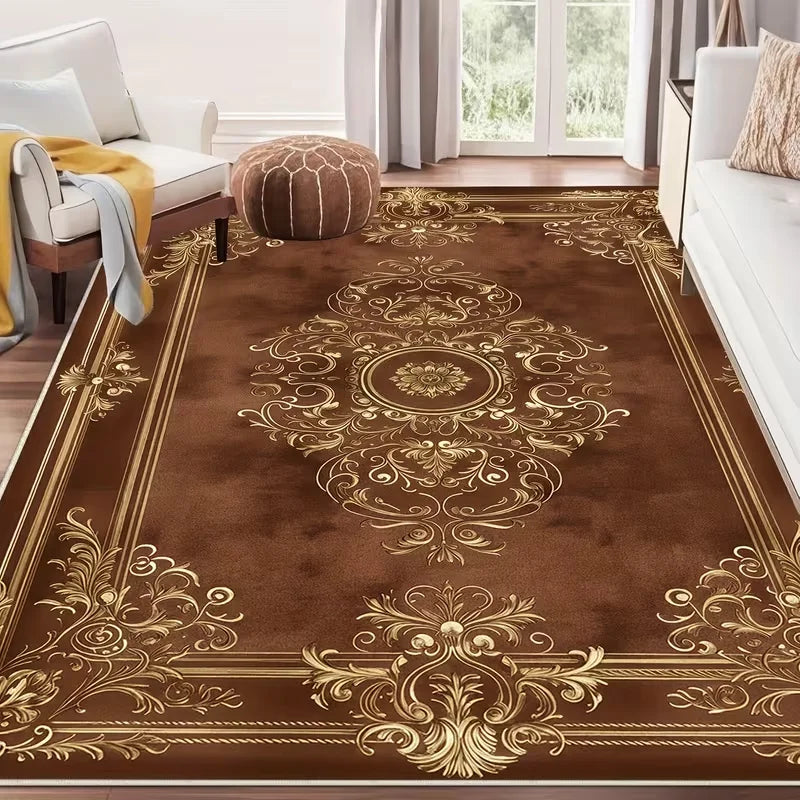 tapis marron beige doré ornements baroques géométrique moderne salon chambre cuisine salle bains