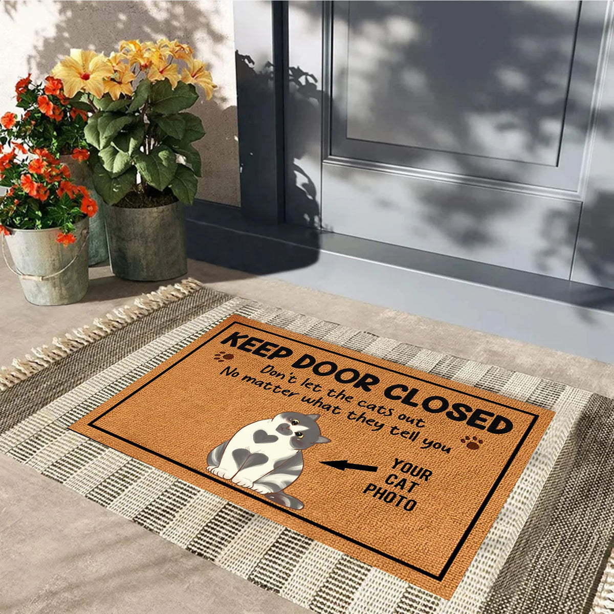 tapis porte personnalisé chat antidérapant imprimé marron blanc gris