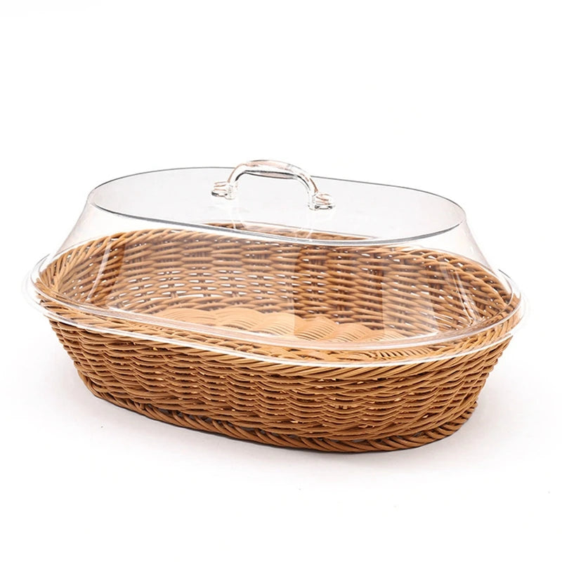 panier marron clair tressé couvercle plastique transparent poignée classique respectueux environnement
