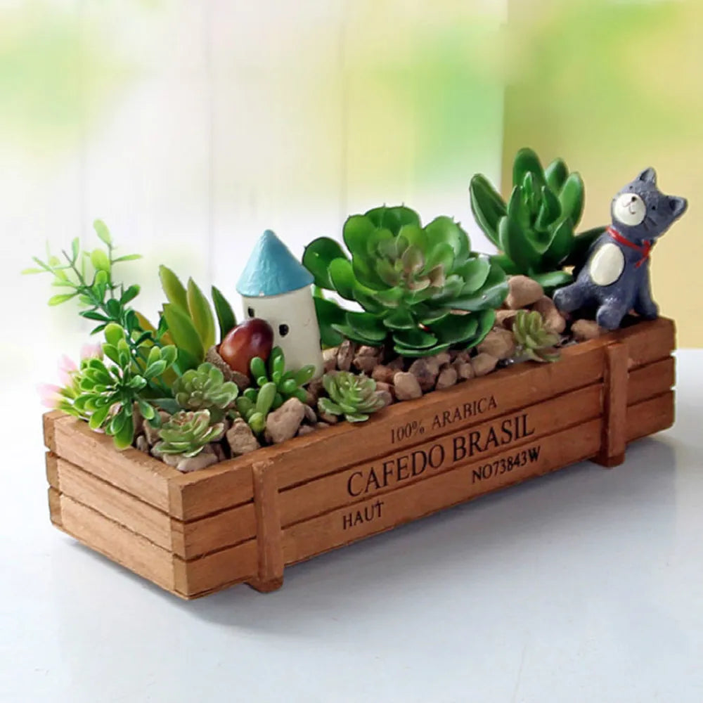 bac fleurs bois naturel vintage succulentes décoration intérieure petite maison chat miniature rustic