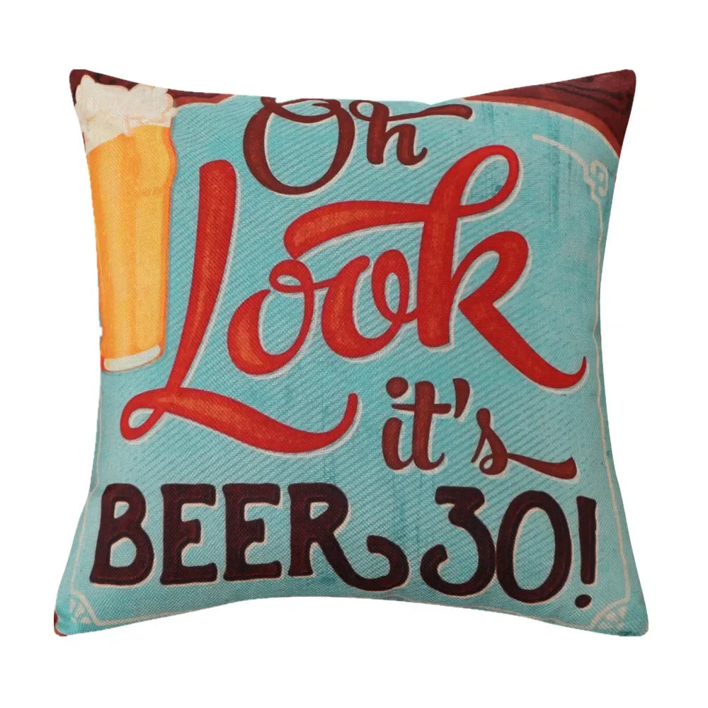 housse coussin vintage bière vin motifs rétro multicolores coton lin décoration canapé chaise 45x45cm