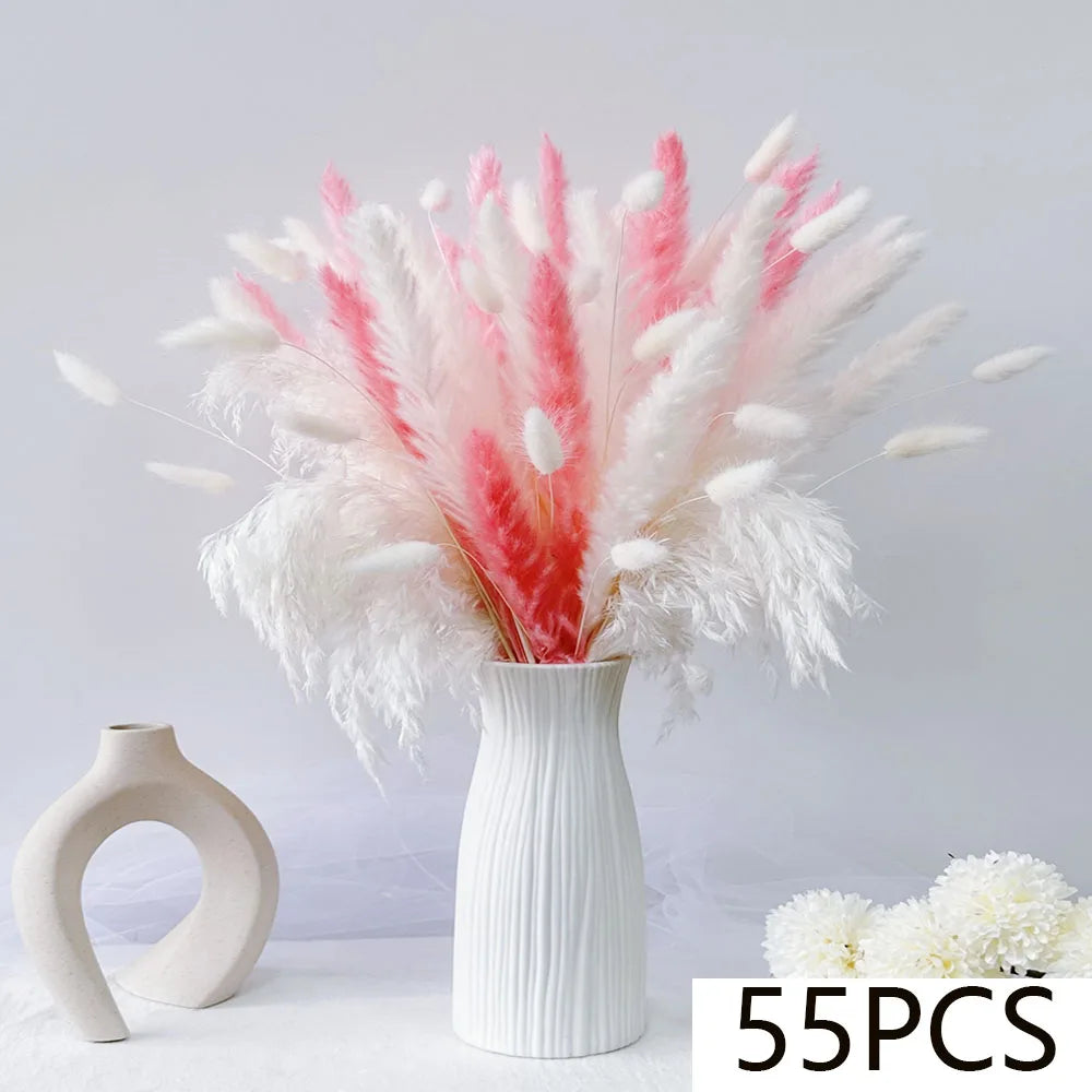 bouquet plumes graminées fleurs séchées blanc rose boho décoration intérieure anniversaire mariage