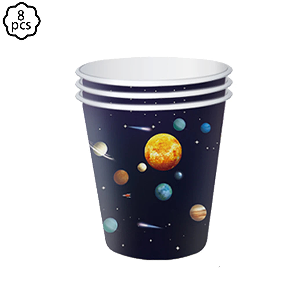 boîtes popcorn planètes assiettes gobelets serviettes nappe fête anniversaire enfant spatial astronautes