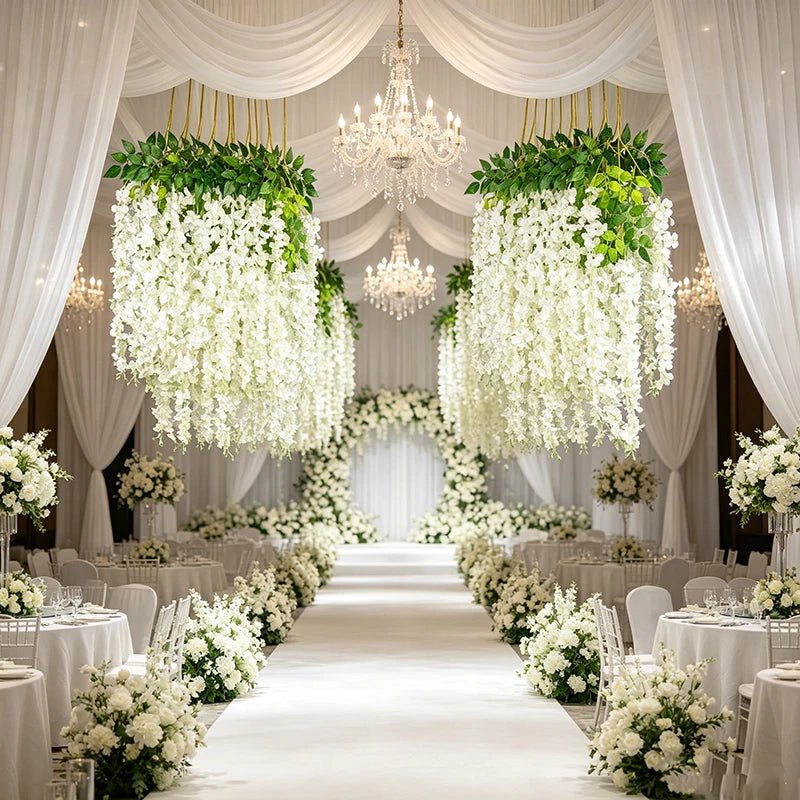 guirlandes artificielles décoration extérieure mariage blanc vert fleurs feuilles romantique jardin accrochéesextérieur festive