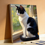 Toile peinte chat fenêtre diy adulte relaxation mur moderne noire blanche crochets pinceaux peintures