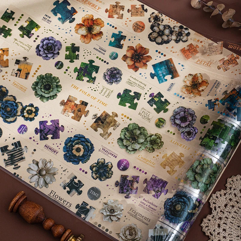 ruban décoratif multicolore fleurs puzzles adhésif vintage romantique scrapbook papeterie art fleurs imprimées