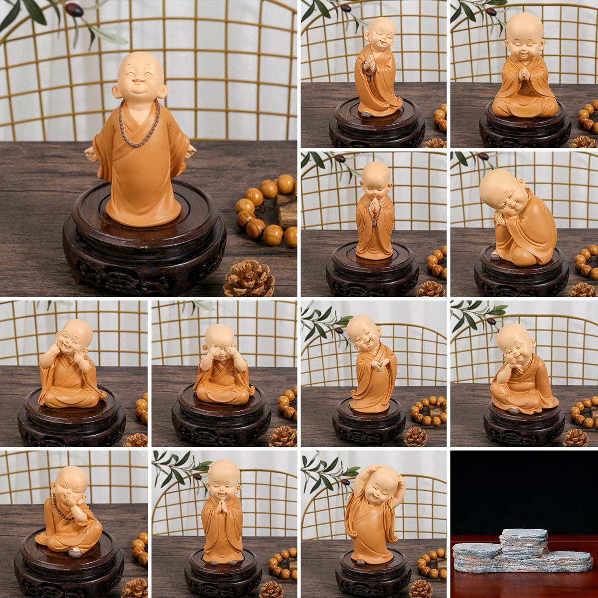 statue moine résine artisanale détails fins figuratif bracelet pomme pin orangeclair decorationintérieur