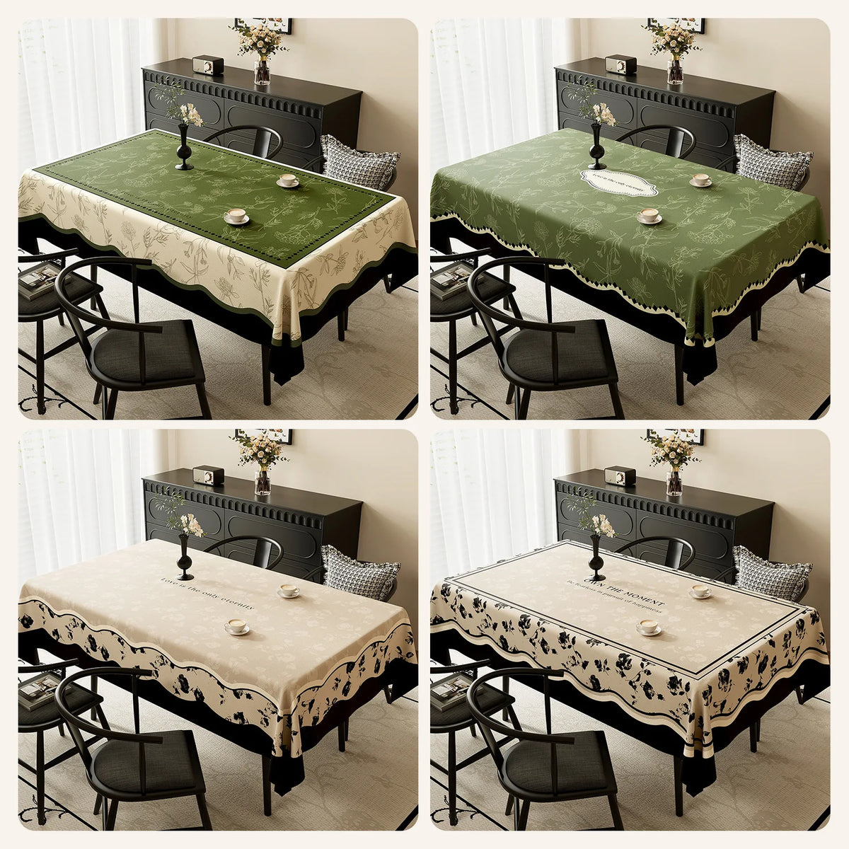 Une table de salle à manger avec différents types de nappes décoratives, ornées de motifs floraux et de finitions élégantes.