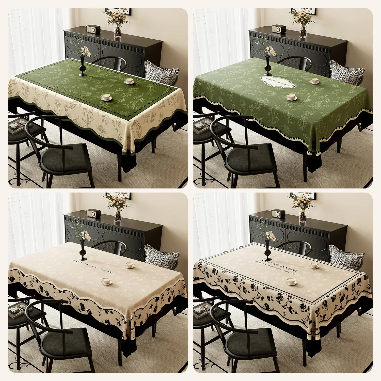 Une table de salle à manger avec différents types de nappes décoratives, ornées de motifs floraux et de finitions élégantes.