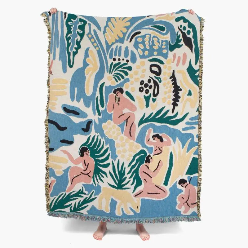 tapis abstrait géométrique polyester coton bleu vert rose motifs contemporains portable pique nique voyage