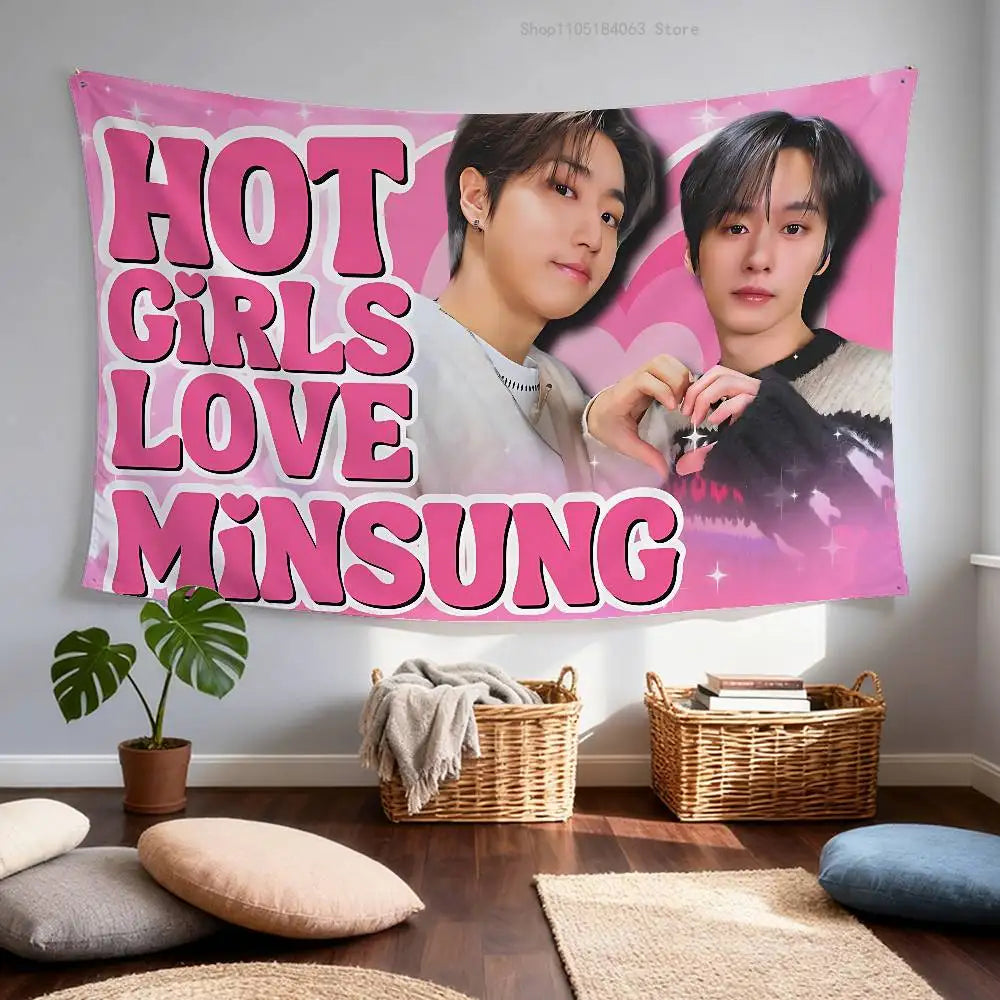 tapisserie moderne kpop rose vert blanche texte photo personnes géométrique décoration intérieure festive chambre