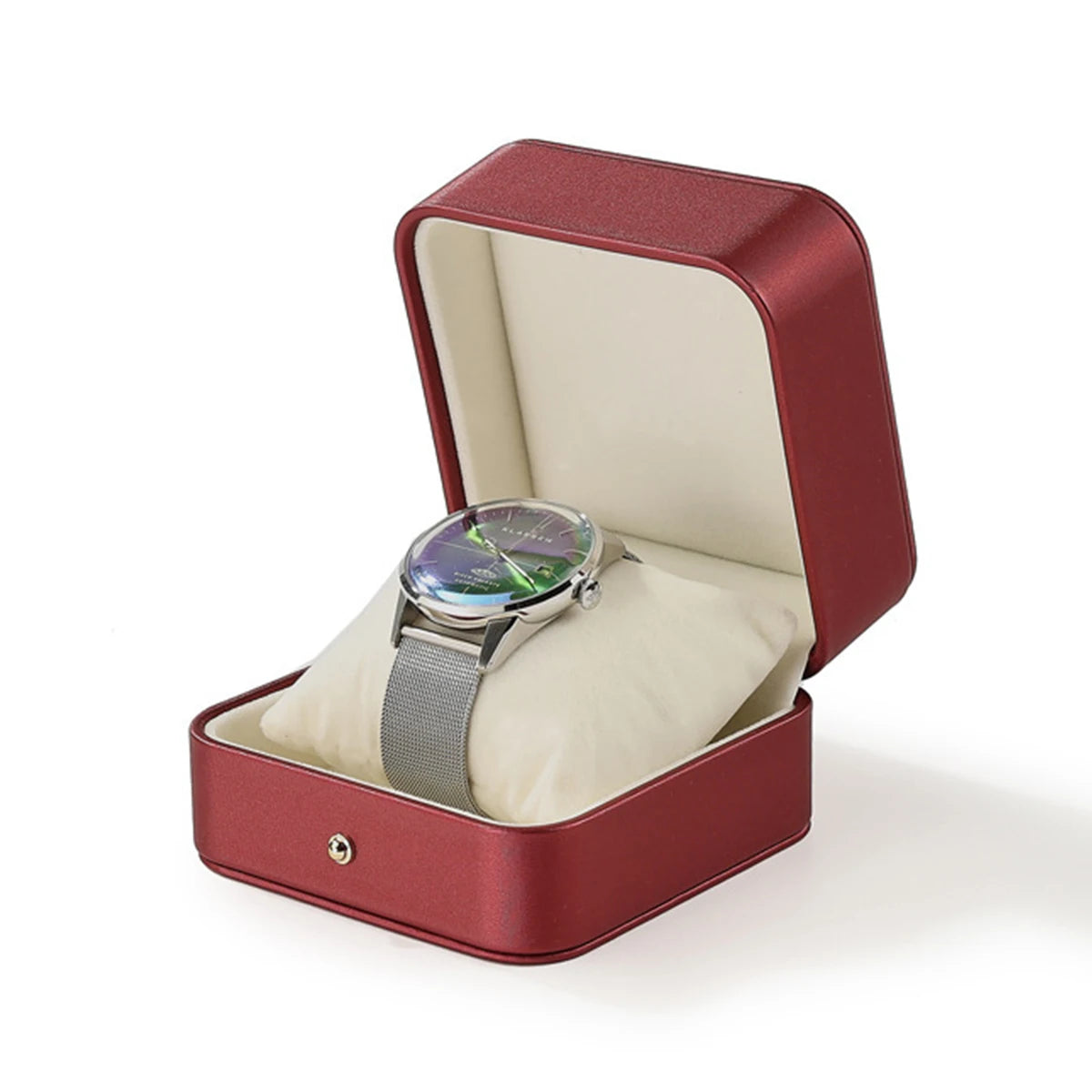 boîte rangement montre cuir beige cadre doré coussin noir organisation bijoux présentation montre dorée