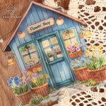 autocollants muraux motifs maisons fleurs détaillés couleurs marron bleu vert rose jaune violets opaquesscrição