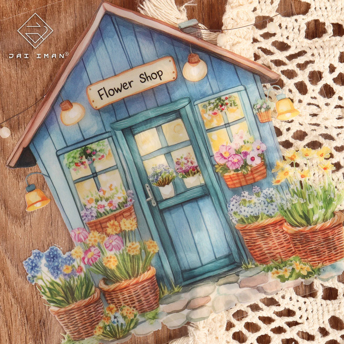 autocollants muraux motifs maisons fleurs détaillés couleurs marron bleu vert rose jaune violets opaquesscrição