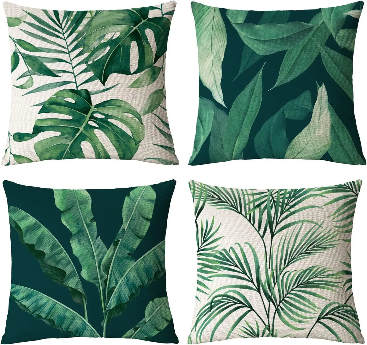 taies oreiller motif feuilles tropicales verte blanche modernes décoratives carrées 40x40cm 45x45cm