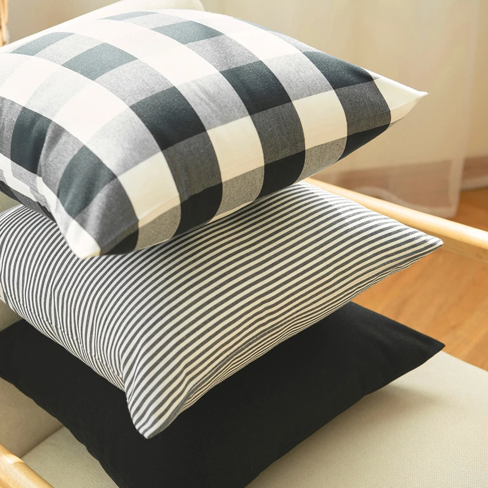 housse coussin noir blanc carreaux rayures moderne 30x50cm 45x45cm fixe décoration intérieur