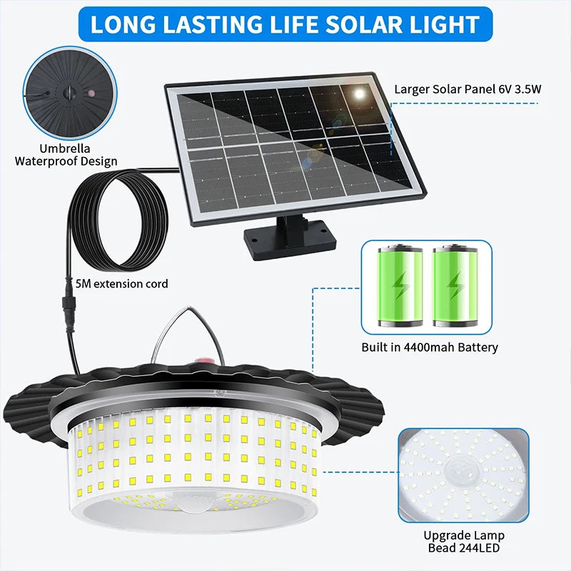 lampe solaire suspendue 244 led noir moderne télécommande détecteur mouvement ip65 abs