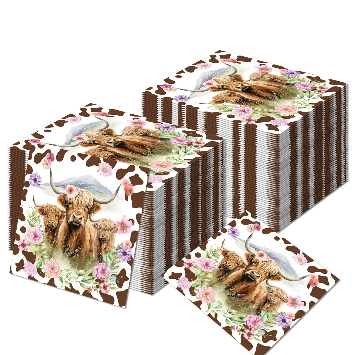 serviettes papier motif vache marron blanc rose violet vert anniversaire rustic floral