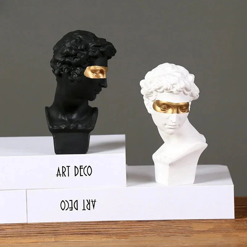 masque david buste résine blanc noir cheveux bouclés art deco decor maison étude