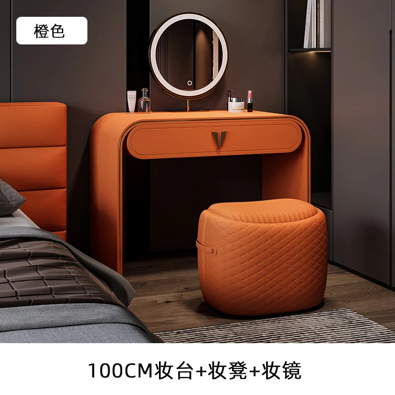 coiffeuse moderne maquillage miroir lumineux tabouret compartiments tiroirs étagère arrière beigeclair minimaliste