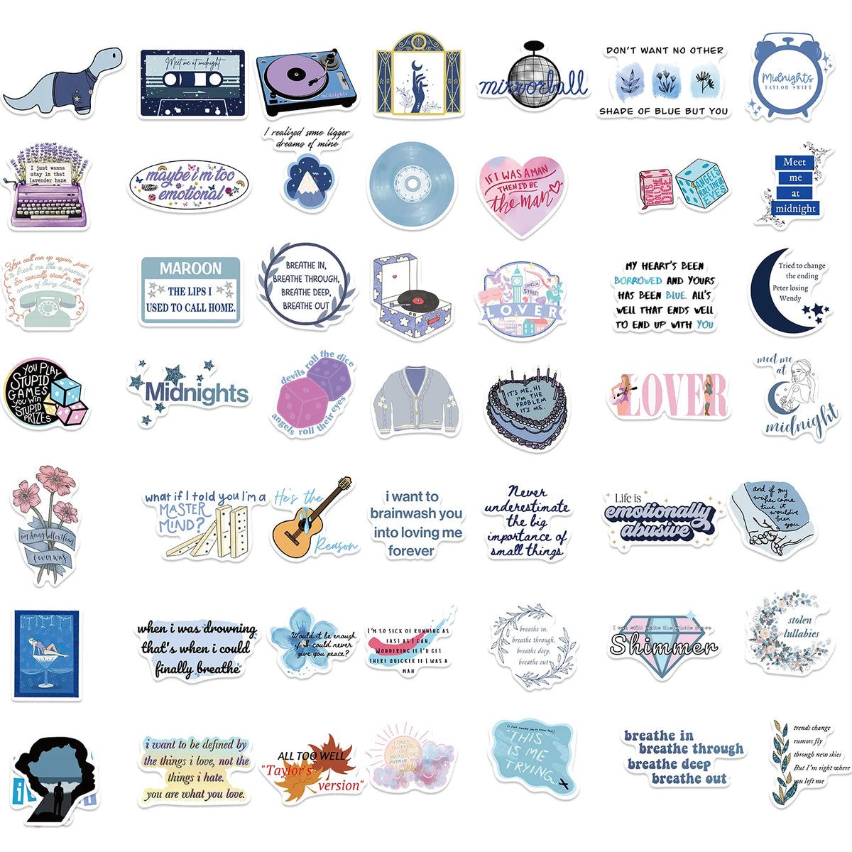 sticker graphique moderne adhésif bleu rose blanc noir textuel abstrait 51 pièces