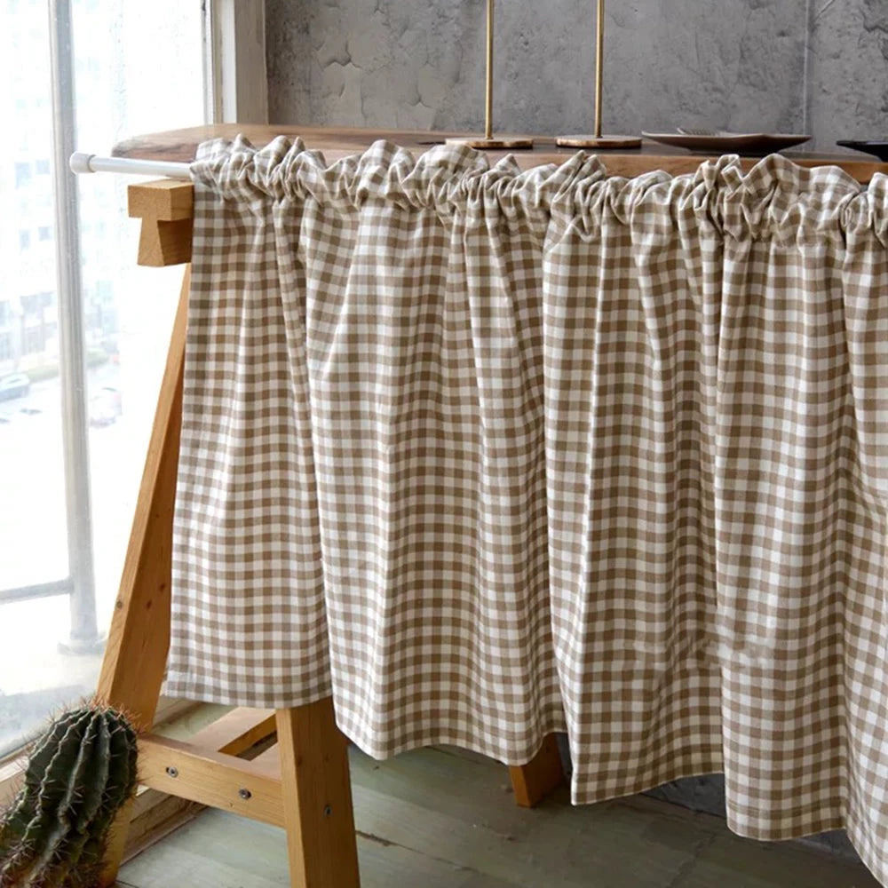 rideau gingham beige blanc champêtre fixé cuisine opacité moyenne dimension 140cm