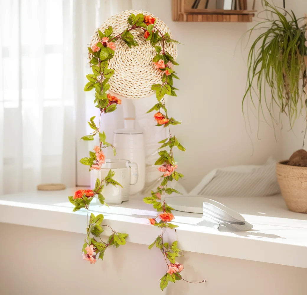 guirlande florale artificielle rose verte mariage décoration extérieure champêtre romantique fleurs feuilles vigne