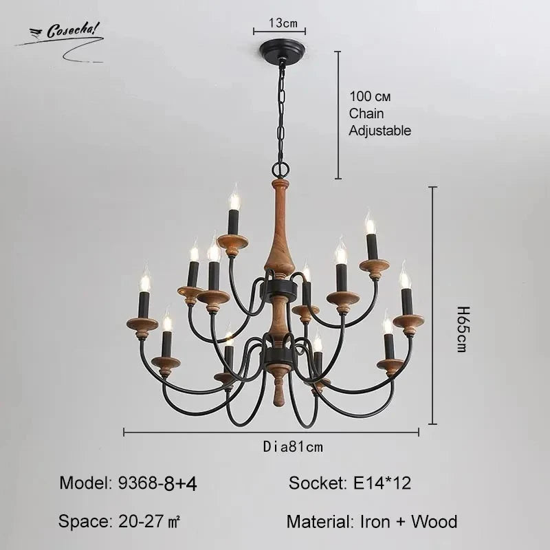 lustre bois vintage noir ampoules e14 cinq bras salon chambre coucher rustique