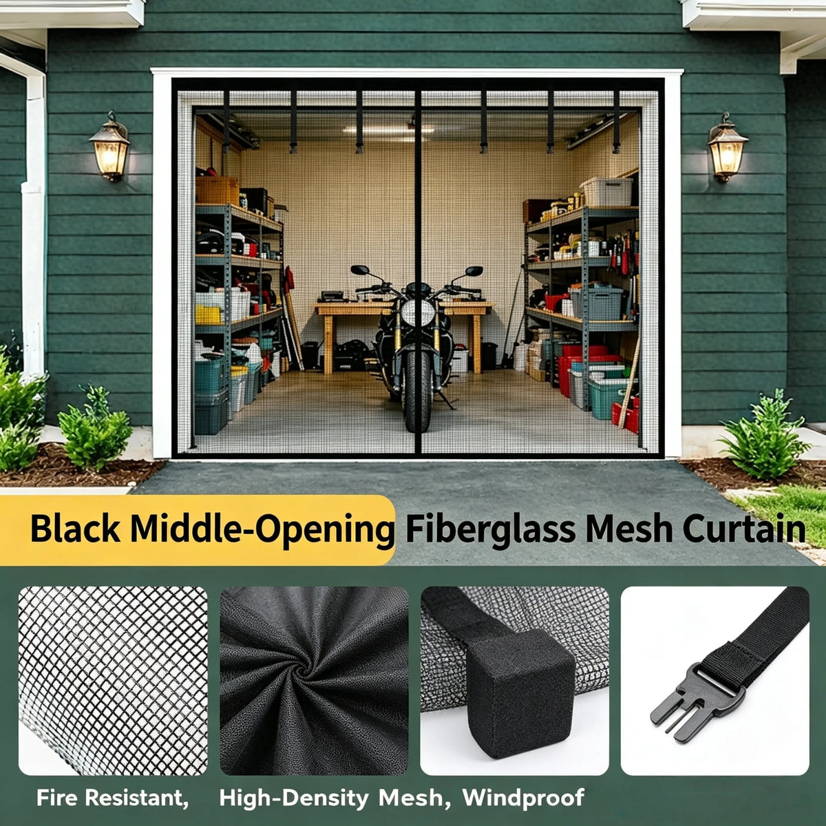 moustiquaire rideau porte garage noir maille fine clips suspension moderne protection insectes atelier patio