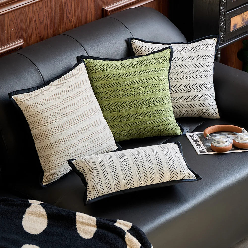 taies d'oreiller jacquard moderne rayures noires beige vert olive maison décoration écologique non toxique