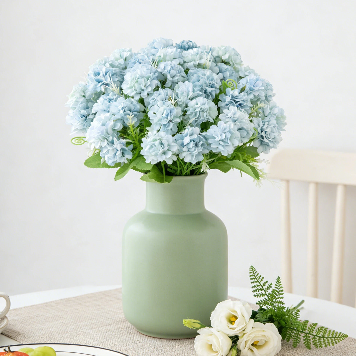 bouquet hortensia artificielle soie blanche verte décoration mariage anniversaire intérieur moderne fixe ruban