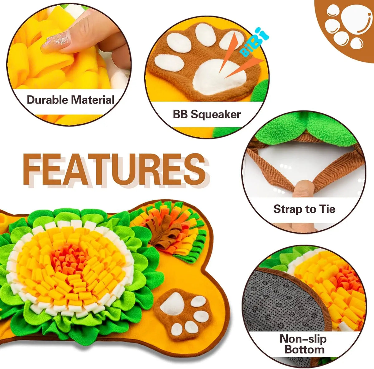 jouet interactif chien fleurs motifs géométriques orange vert blanc marron clair non slip