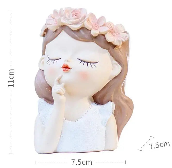 figurines décoratives cartoon fleurs reliefs cheveux stylisés plante succulente verte rose beige