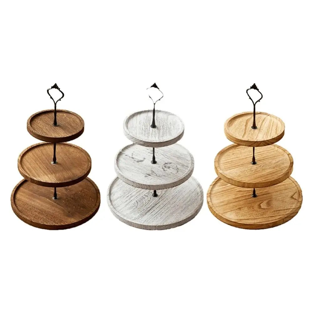 présentoir gâteaux trois étages texture bois rustique gris brun marron fixations métal vintage pain