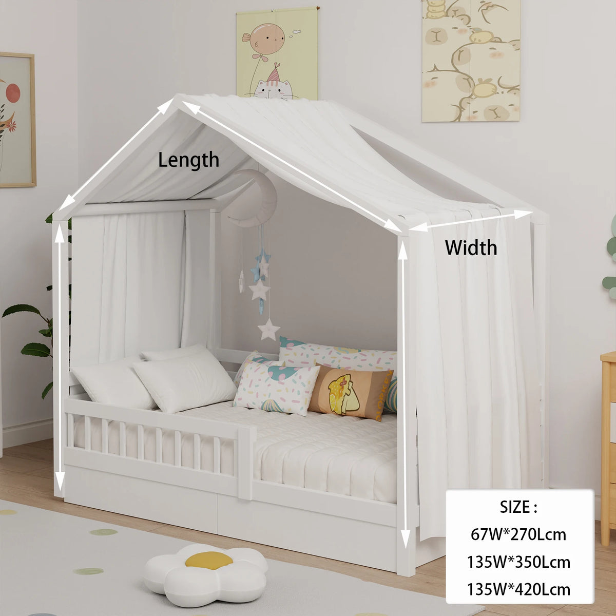 lit cabane enfant blanc moderne minimaliste coussins rideaux latéraux tapis