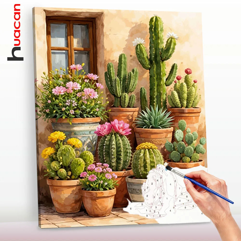 tableau peindre cactus fleurs multicolore vert jaune rose bleu art rue paysage urbain diy